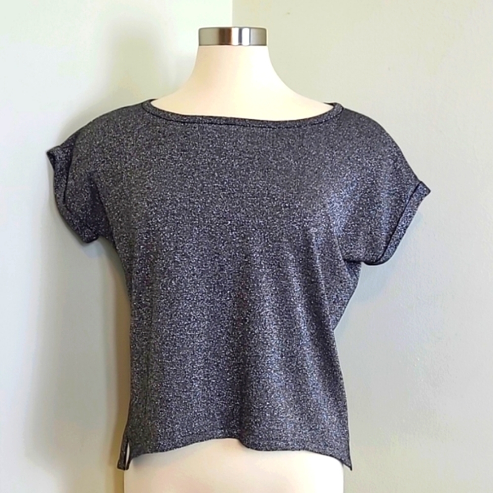 Design History Womens Silver & Black Shimmer Metallic Top Size Small